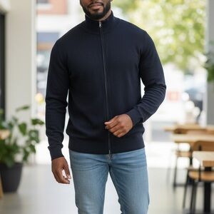 Velvet by Graham& Spencer Navy Blue Textured Waffle Cotton Blend Zip Sweater